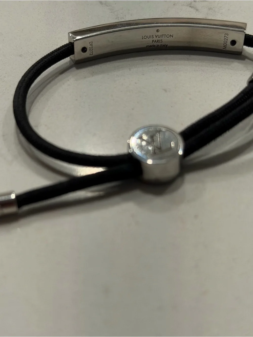 Louis Vuitton Silver-Tone Logo Bar Black Cord Bracelet